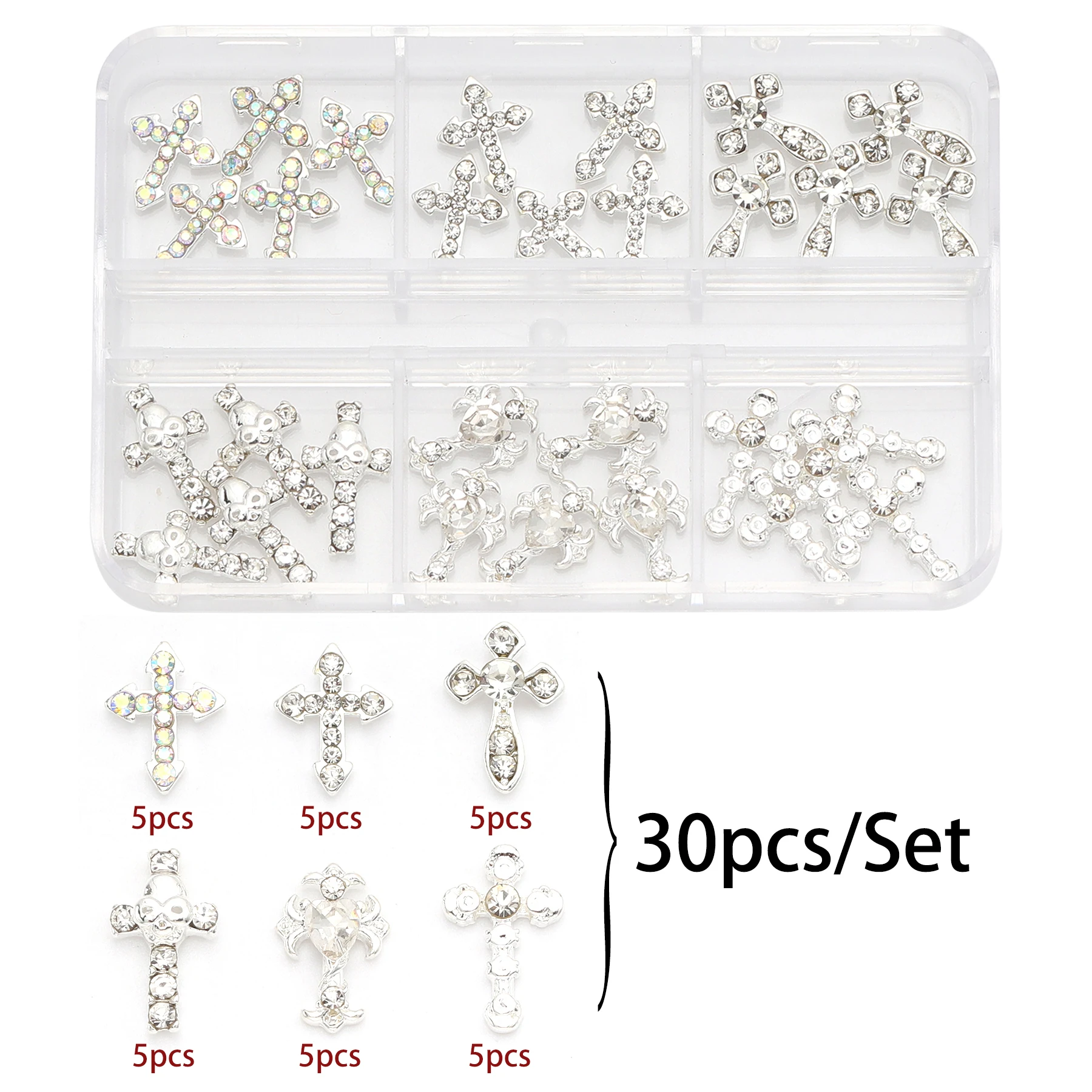 30 Pcs/Set Luxury Cross Metal Nail Art Decorations Alloy Shiny Rhinestones Pearl Gems Zircon Diamond Charm DIY Nail Accessories