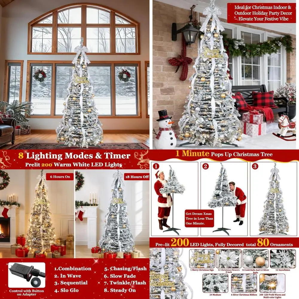 

Instant 6ft Flocked Christmas Tree with 200 LED Lights, 80 Ornaments, 8 Light Modes & Timer, Foldable for Indoor/Outdoor Use