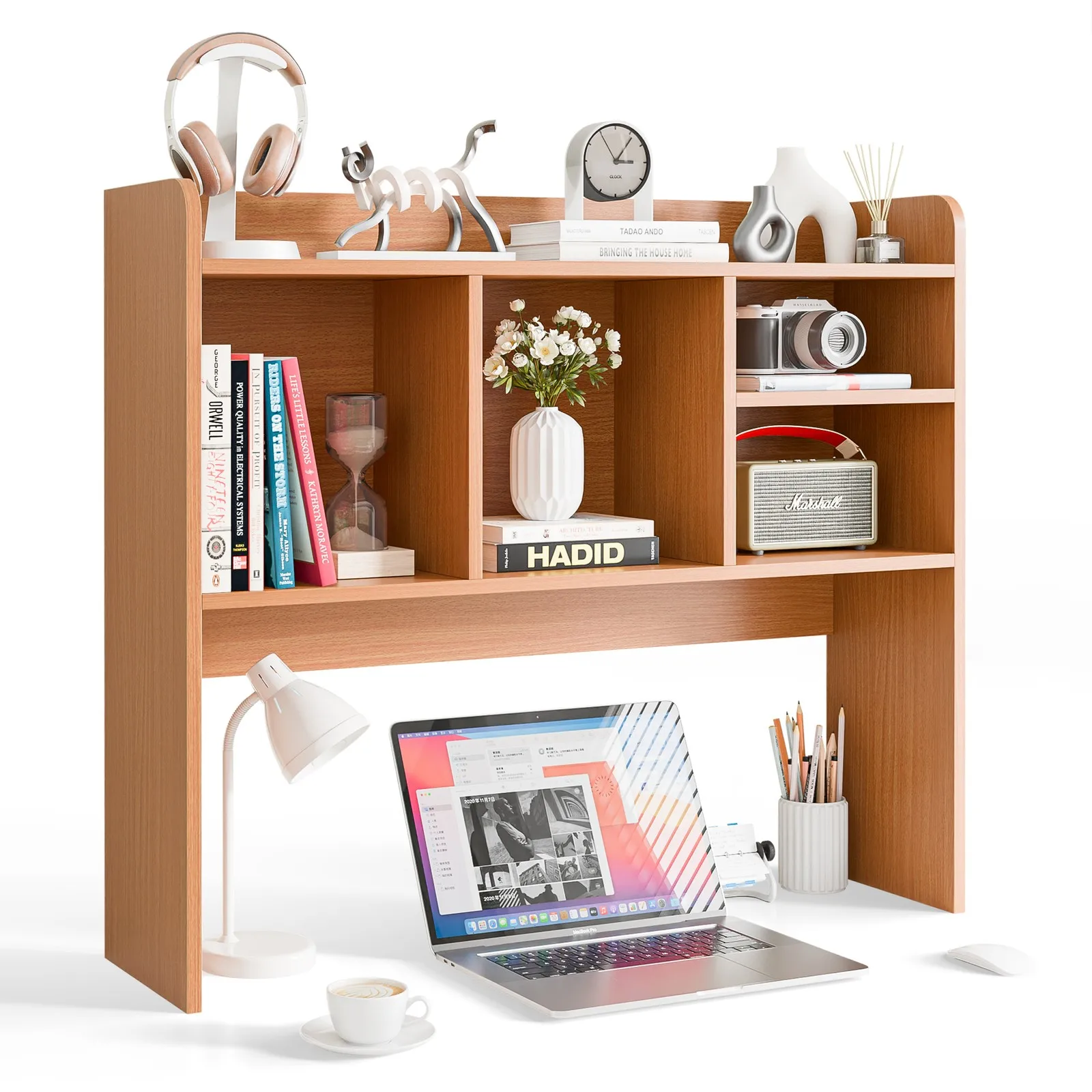 

Desktop Bookshelf Wood Desk Hutch Organizer w/ 5 Shelf for Computer Desk Natural