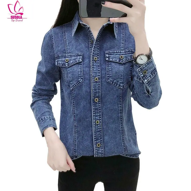 

SUSOLA Basic Vintage Women Denim Shirt Tops Lady Spring Autumn Casual Long Sleeve Cotton Washed Blue Jeans Blouse Clothes Femme