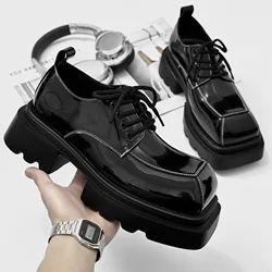 Men's Japan Karajuku Korean Style Fashion Glossy Streetwear Thick Platform Casual Black Leather Shoes Lace Up Sneakers Shoes