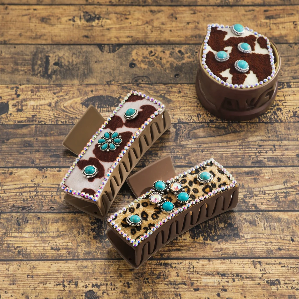 

Large Southwest Cow Print Western Turquoise Hair Clip Neutral Cowhide with Leopard Pattern Stylish Hair Claw Clip