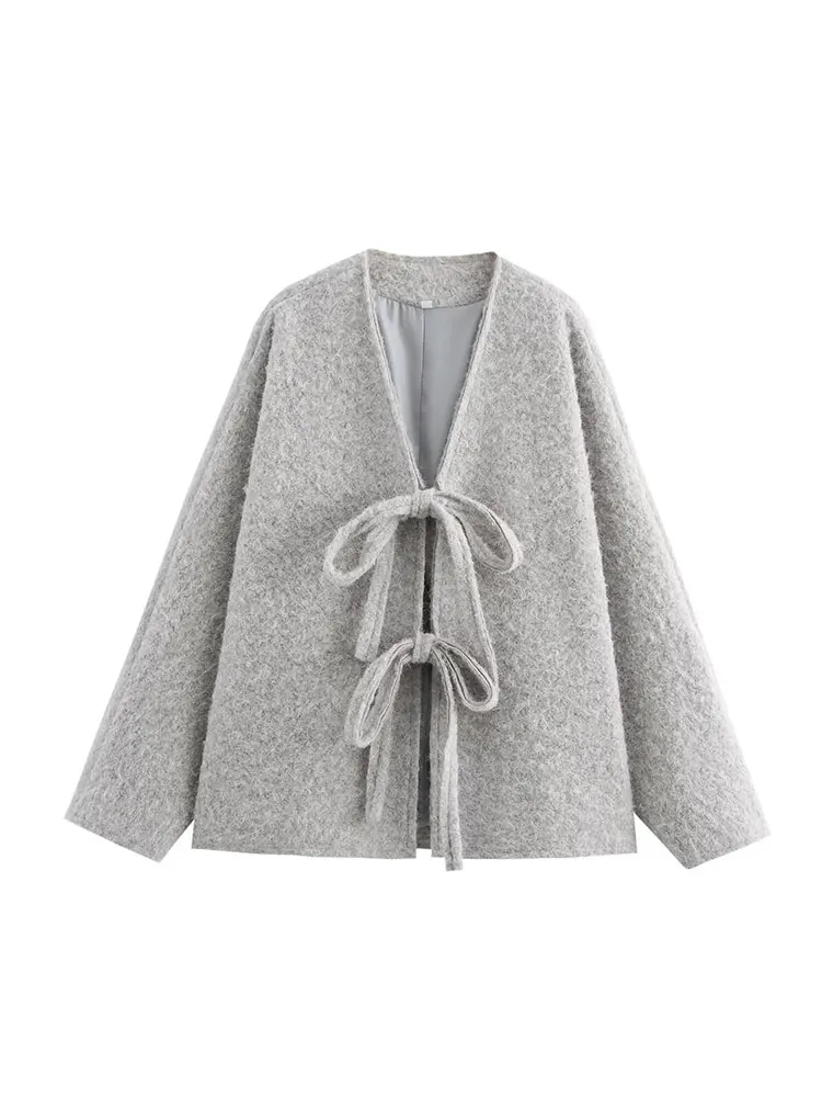 

WinterVintage Casual Chic Women Jackets Solid V-Neck Long Sleeve Lace-up Loose Thick Coats Fashion Outwears