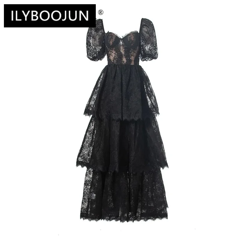 

ILYBOOJUN Summer Fashion Runway Dress Women Temperament Net Yarn Lace Embroidery Backless Cascading Ruffle Elegant Party Dresses