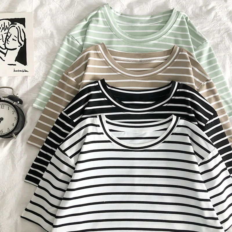 Women's Casual Punk T-irt Color Striped One-Ne Slim Fit Cotton 96% Other Material 4% Thin Seven-Sve Printed T-irt