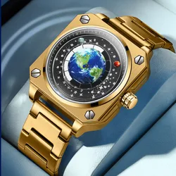 Montre Terre pour Homme, Cadran Terre Rotatif, Nouveau Concept de Trou de Ver Créatif, Communautés ète Bleue, Pointeur Non Mécanique, Bracelet en Acier