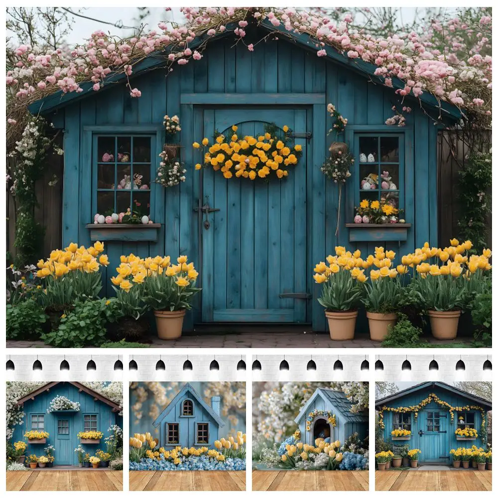 

Spring Easter Flowers Blue Wood House Backdrop Baby Portrait Kids Birthday Party Photography Background Photostudio Photobooth