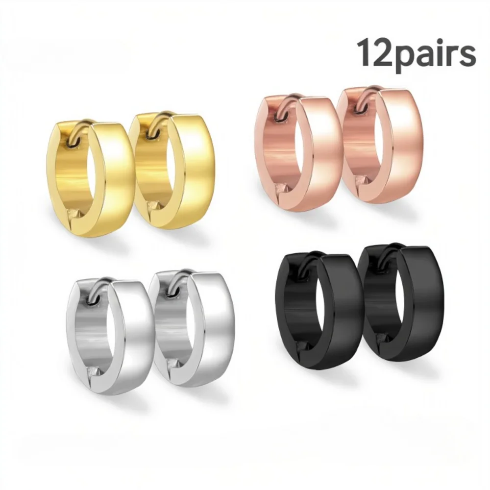 12 Paar trendige, schlichte, silberfarbene Creolen, minimalistische Ohrringe, runde Ohrstecker aus Edelstahl für Damen/Herren, modischer Schmuck für Partys.