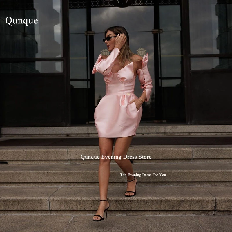 Qunque Short Pink Prom Dress Customized Evening Gowns With Pocket Bow Graduation Robes Unique Detachable Sleeves Robes De Soirée