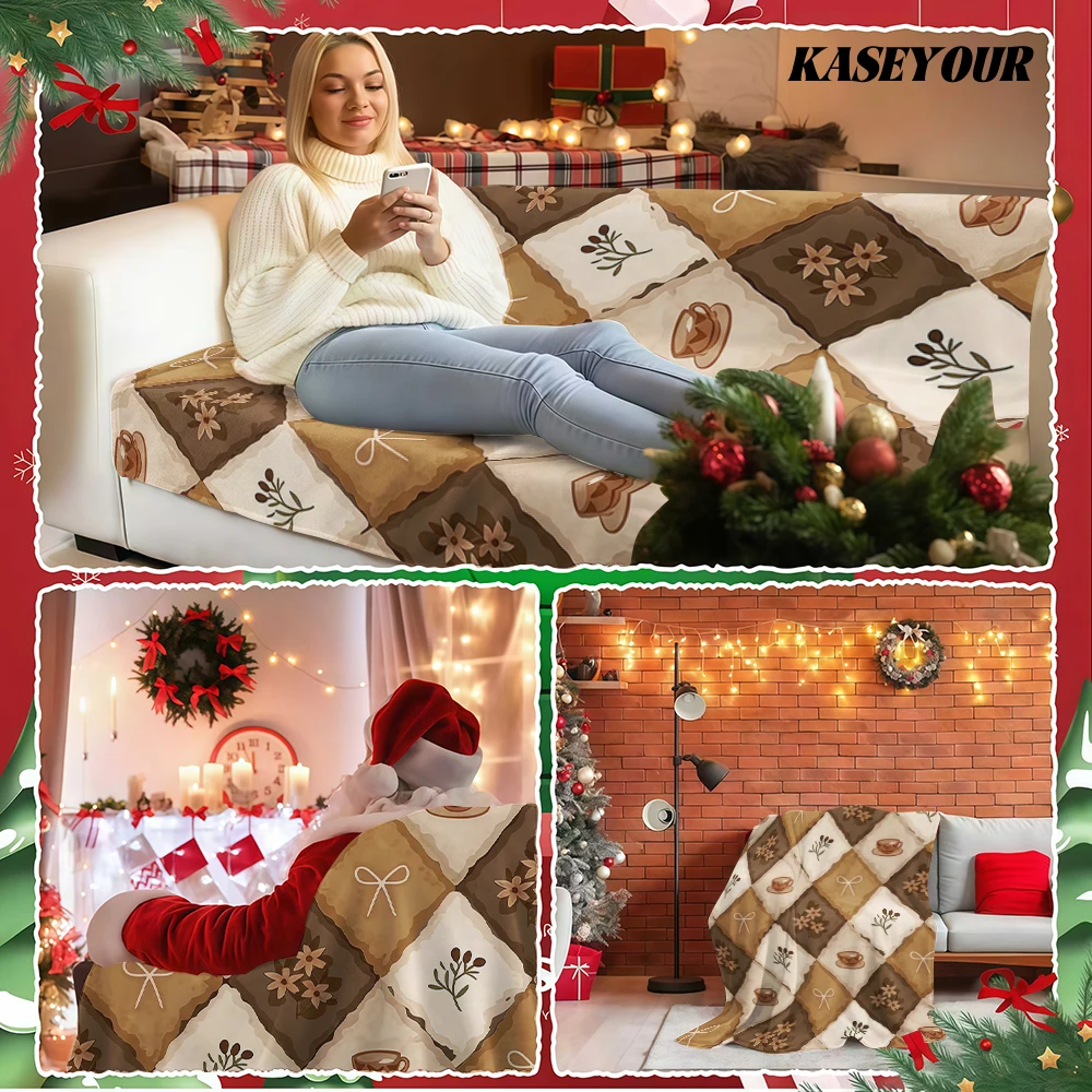 Brown Coffee Cup Floral Bow Argyle Flannel Blanket Soft Fuzzy Plush Cozy Warm Throw for Sofa Bed Couch Home Decor