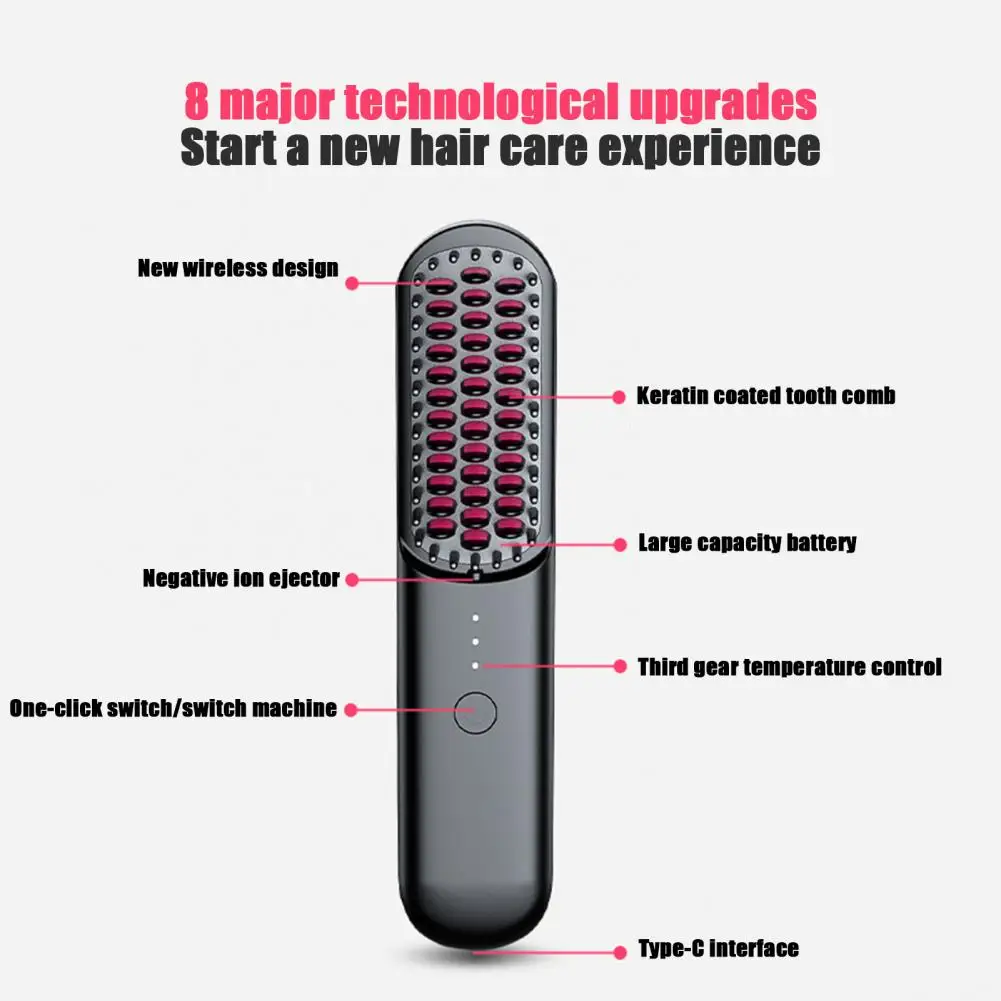 Rechargeable Cordless Electric Fluffy Curly Hair Styling Detangling Comb Hair Straightener Brush 3 Temp Adjustable Fast Heating