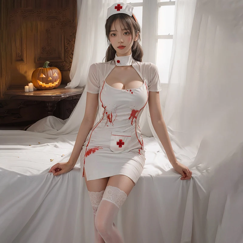 Sexy Lingerie Cosplay Nurse Uniform Set Halloween Women Vampire Doctor Dress Erotic Nurse Exotic Costume Hollow Out Sexy Dress