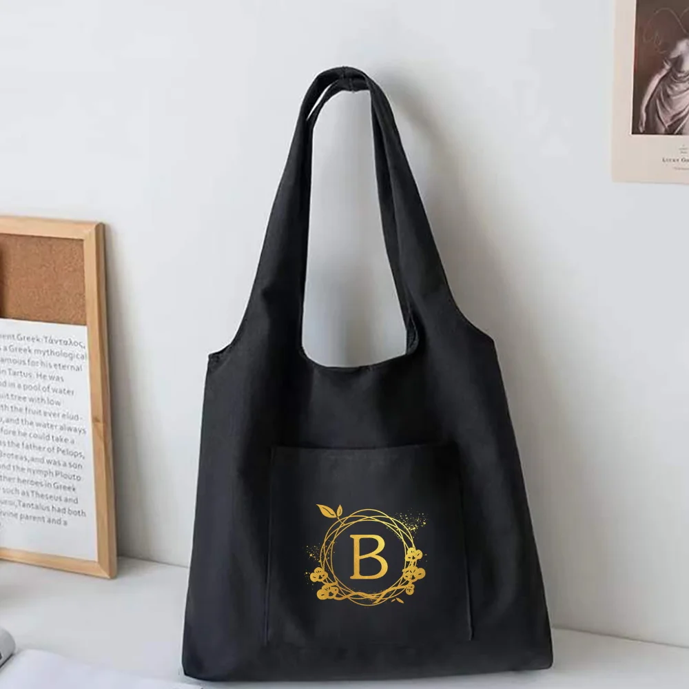 Bolso organizador de lona para mujer, bolsa de hombro con estampado de letras, reutilizable, informal, para compras, supermercado