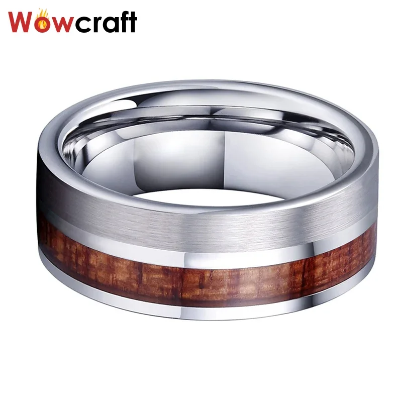 Pip Cut Wood Inlay Tungsten Carbide Ring Men Wedding Band Polished Shiny Comfort Fit Modern for Women Engagement Ring