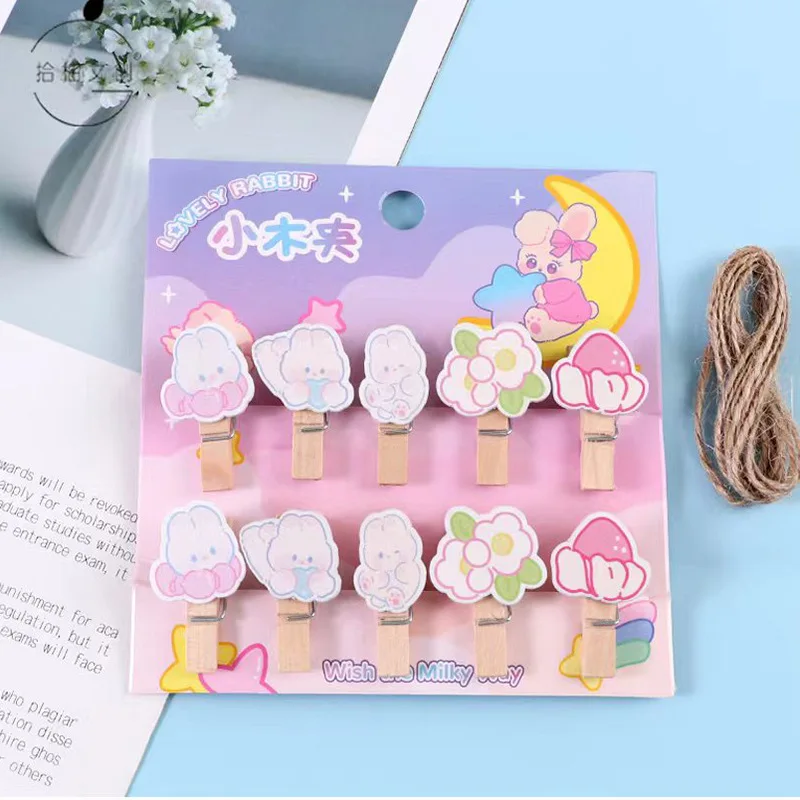 10pcs Color Small Wood Clip Cute Photo Clip Cartoon Decoration Clip Message Business Card Shape Log Clip  Desk Organizers