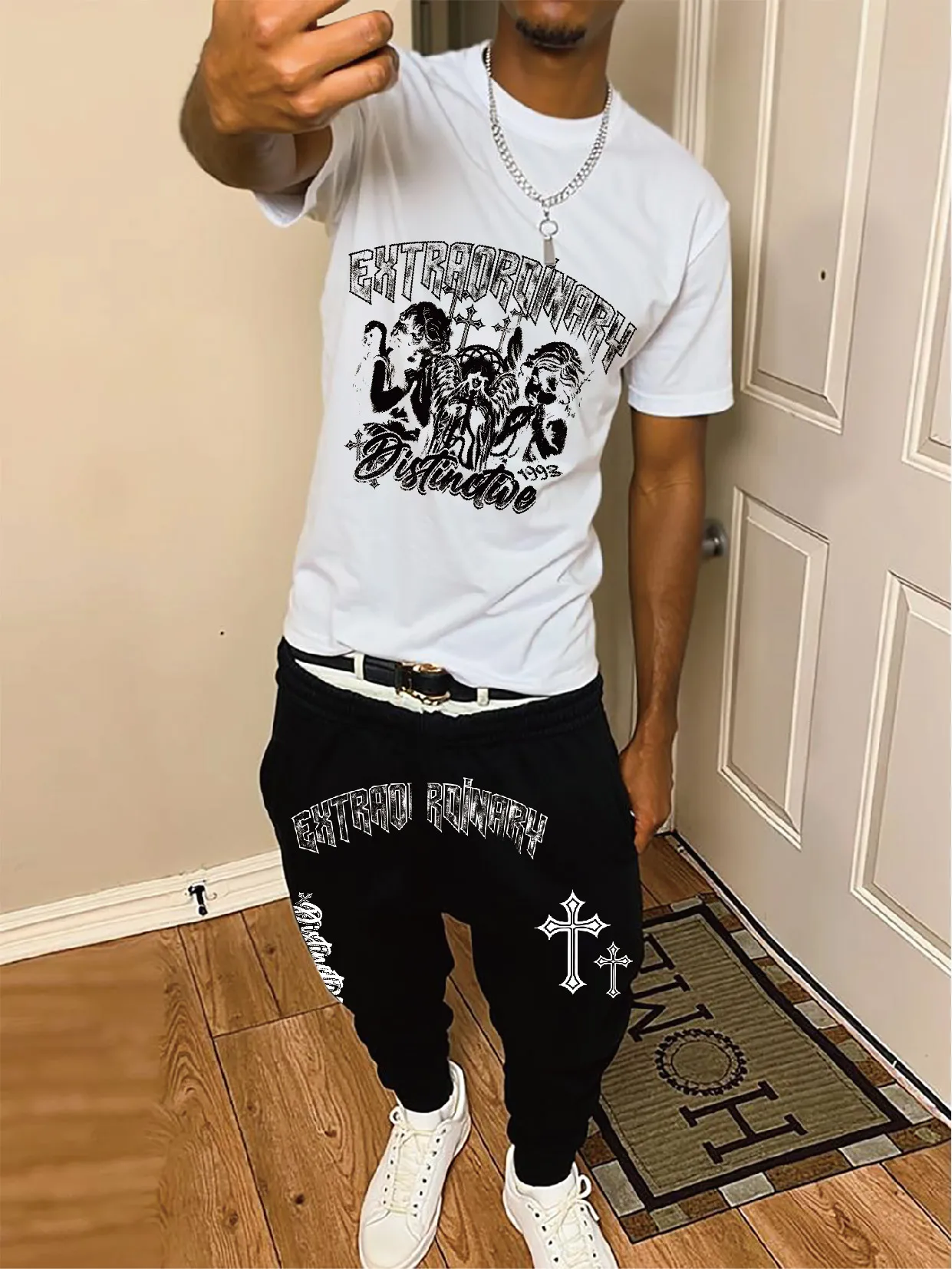 Short-sleeved trousers suit, white, trendy anime print "Extravagant" for casual travel