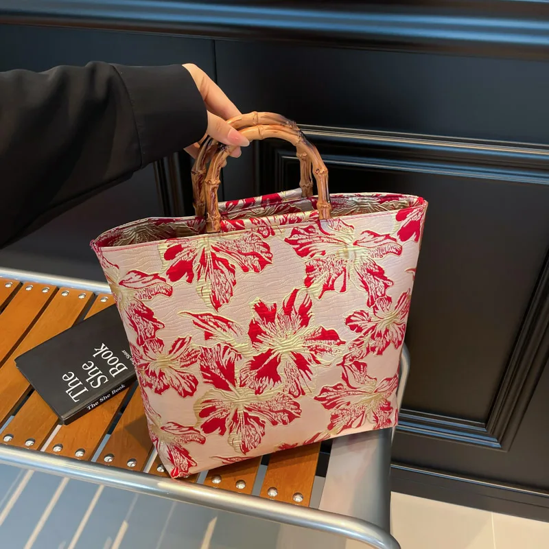 

Luxury Bamboo Top-Handle Bags for Women Chinese Style Elegant Ladies Tote Bag Versatile Portable Female Bucket Purse with Zipper