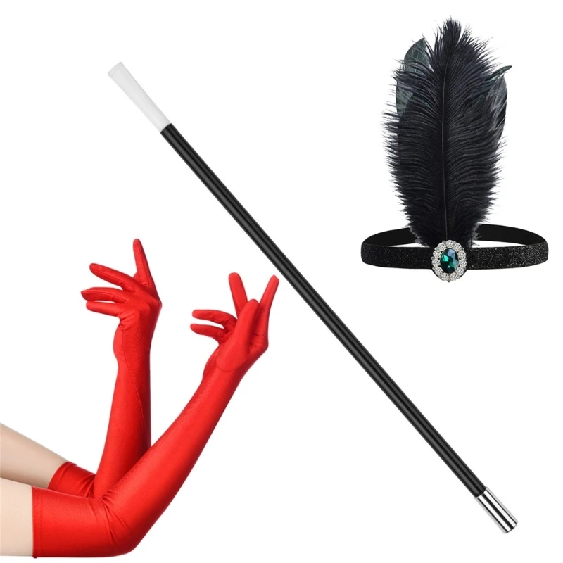 Women Flapper Accessories Gatsby Party Costume Set Feathers Headband Satins Gloves Cigarette Holder Cocktail Party Prom