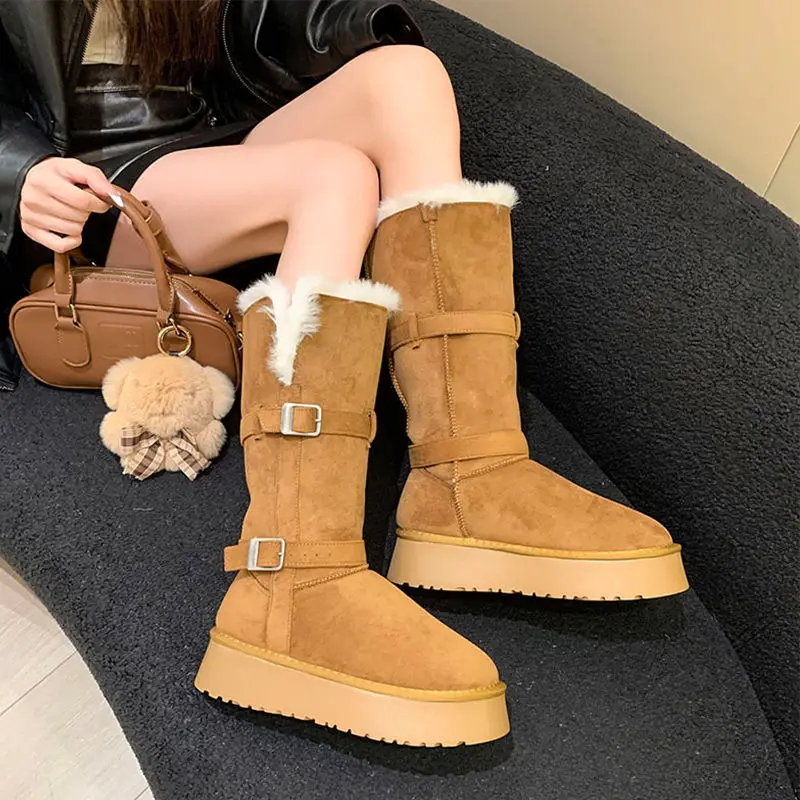 Warm and high rise thick soled cotton boots for women, 2026 winter new fur boots, snow boots