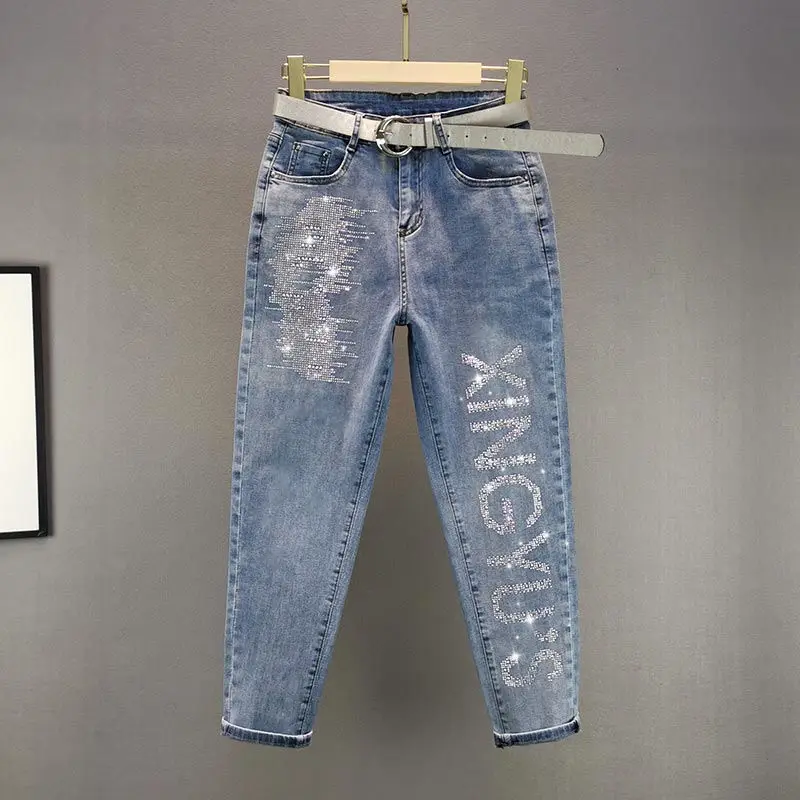 

Trendy Blue Rhinestone Denim Jeans Women's High Waist Loose Slimming Nine-Piece e Tube Pants Summer New Arrival