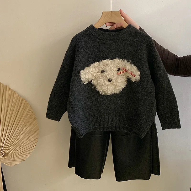 

Girls’ Cute Three-dimensional Plush Puppy Knitted Sweater 2024 Autumn and Winter New Velvet Thermal Pants Set