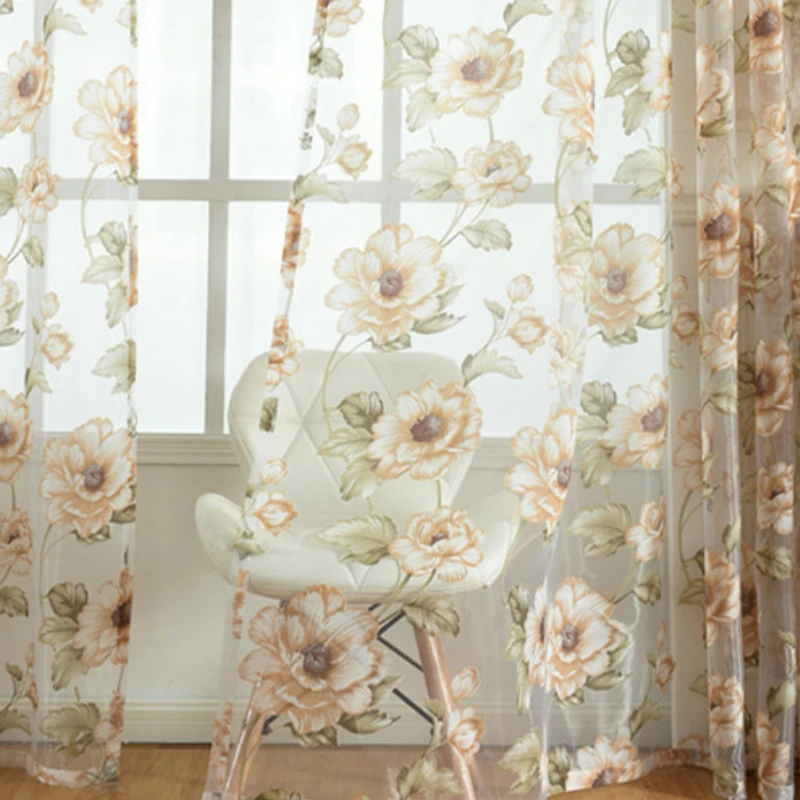 American Countryside Style Floral Print Tulle Curtains for Living Room Bedroom Dining Room Rotten Yarn Transparent Curtain