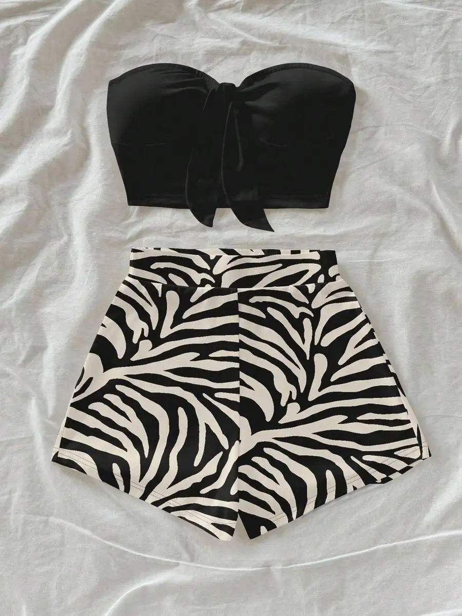 여성용 얼룩말 프린트 크롭 탑 & 반바지 세트, 블랙 보우 프론트, 여름 해변 캐주얼 의상
