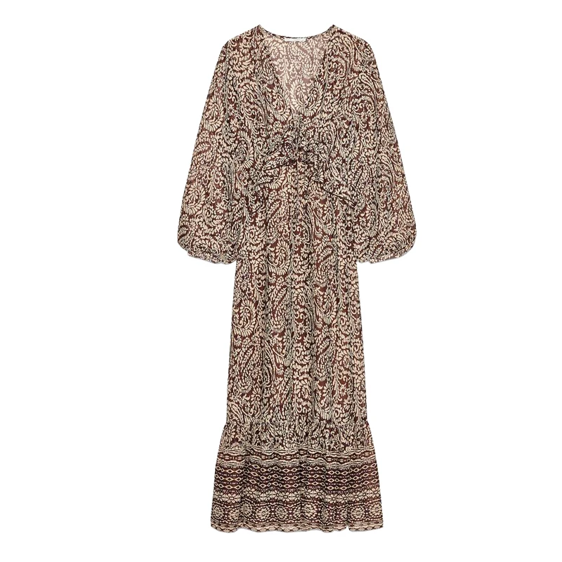 Primavera feminino hepburn sle longo sve v-ne em camadas decoração impressão midi dr commute lanterna de cintura alta sve dr