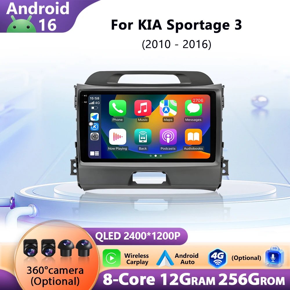 Автомобильный радиоприемник Android 16, беспроводной CarPlay для KIA Sportage 3 2010-2016, мультимедийный видеоплеер, 4G, WIFI, навигация, GPS, DSP, стерео