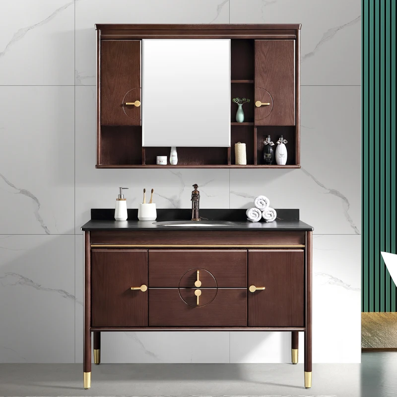 Room Cabinet Red Oak Hand Washing Washbasin Cabinet Combination Stone Plate Table Mirror Cabinet Basin Cabinet