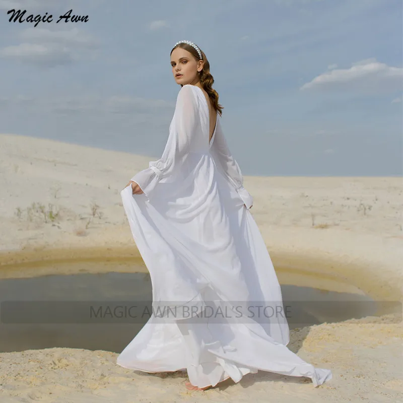 Magic Awn-Vestidos de novia de gasa para playa, ropa blanca de manga larga con Apliques de encaje, espalda abierta, estilo bohemio, ilusión Simple