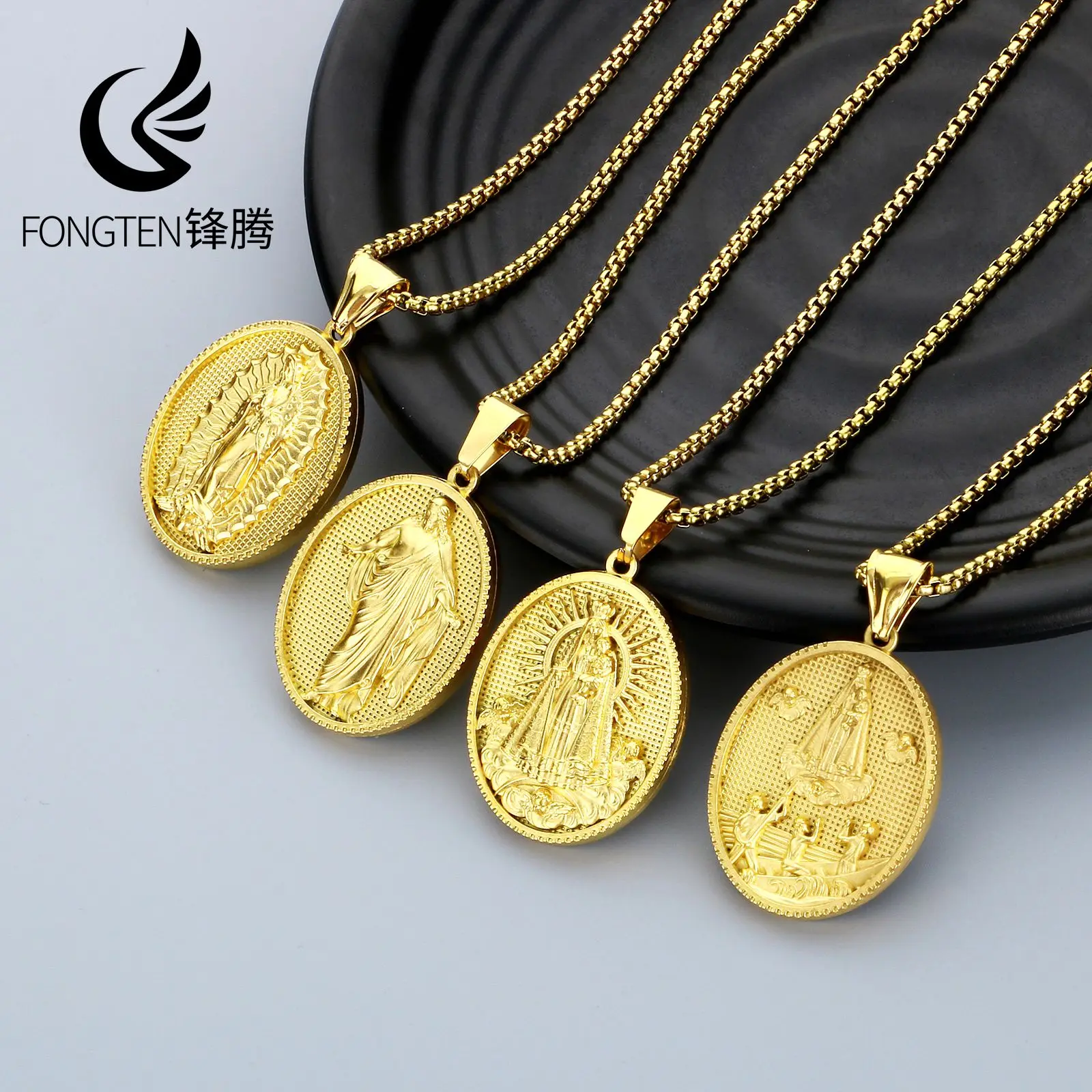 Fongten Stainless Steel Priest Virgin Mary Round Medal Pendant Necklace Religious Outstanding Vacuum Deposition Products Jewelry