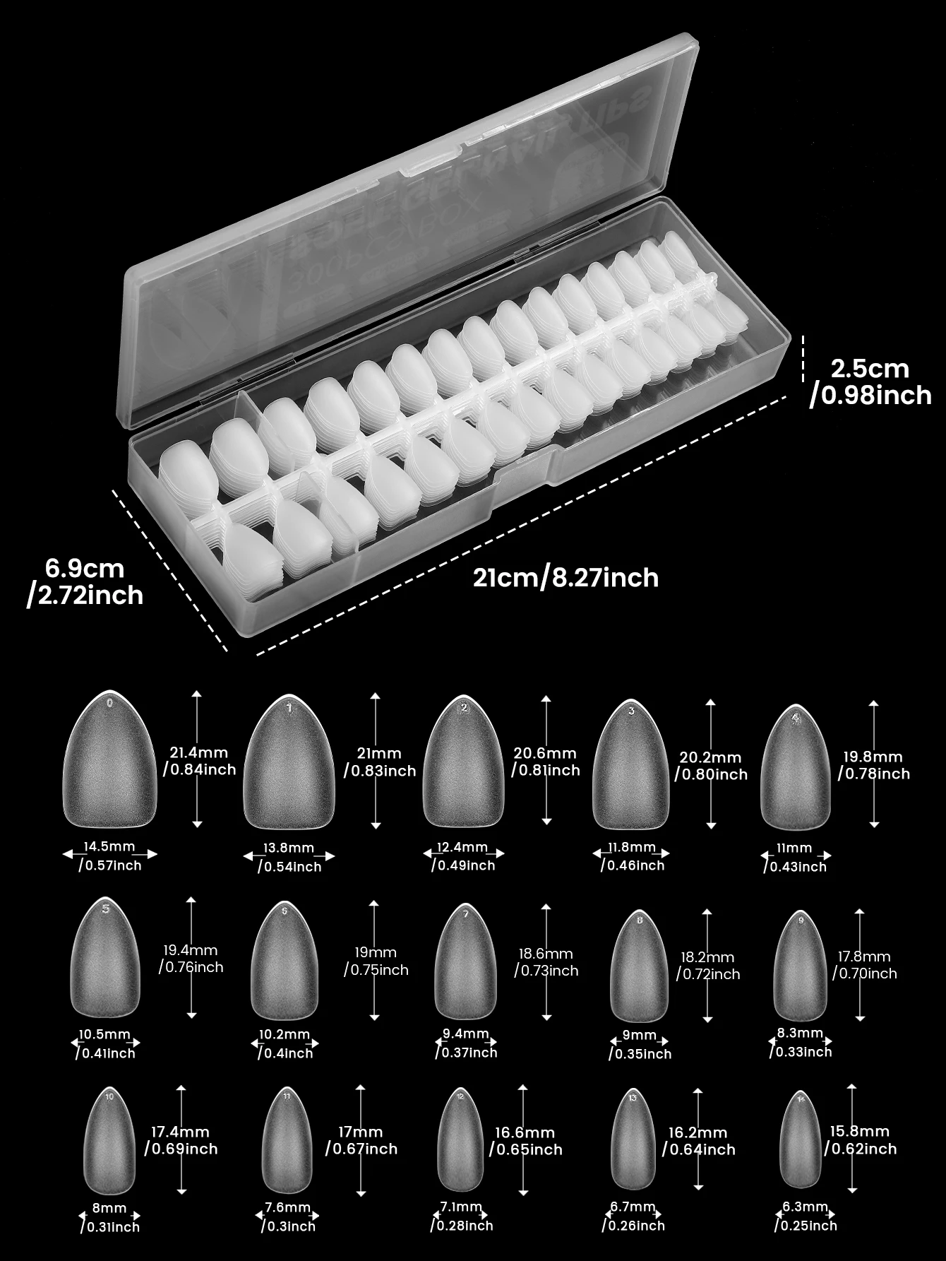 YOKEFELLOW Almond Soft Gel Nail Tips Kit 300PCS 15SIZE Full Cover Nail Extensions Half Matte Acrylic False Nails Salons Home DIY