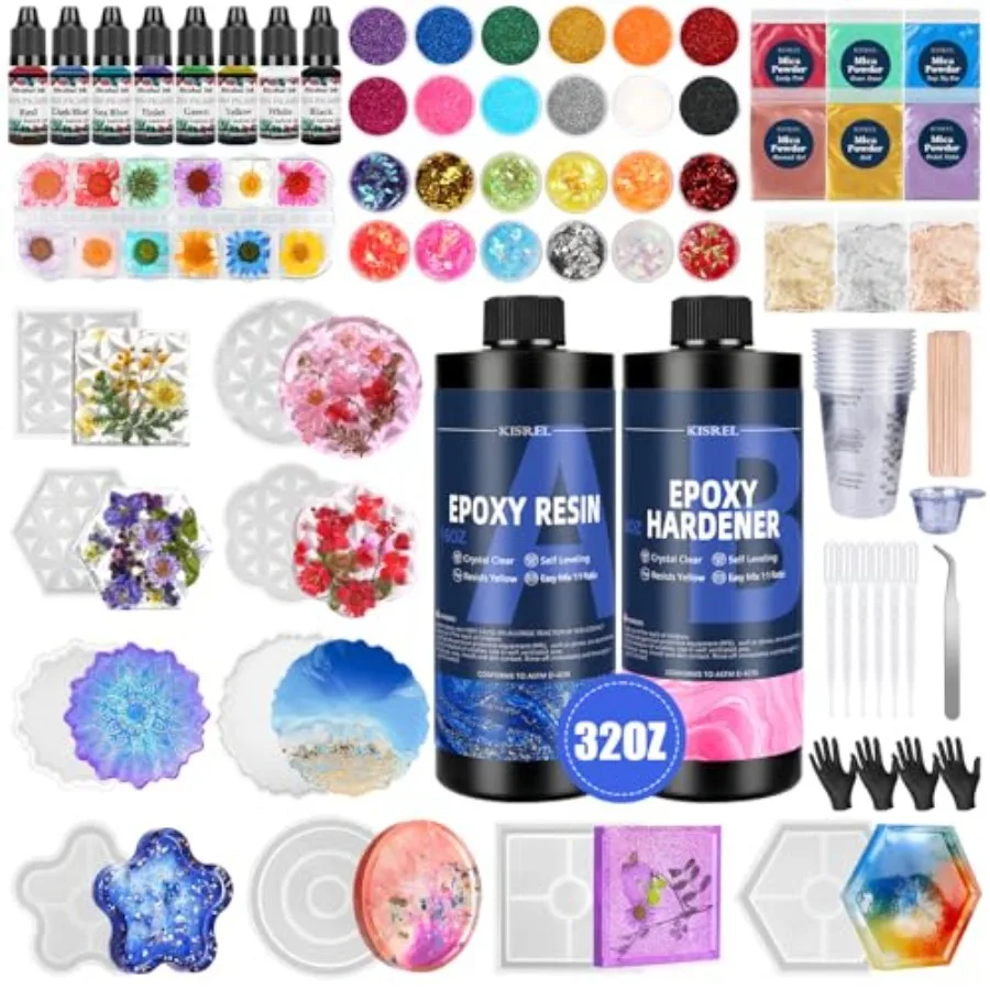 

Epoxy Resin Kit for Beginners, Resin with Coaster Molds, Complete Accessories Include Pigment, Mica Powders, Dried Flowers, Gli