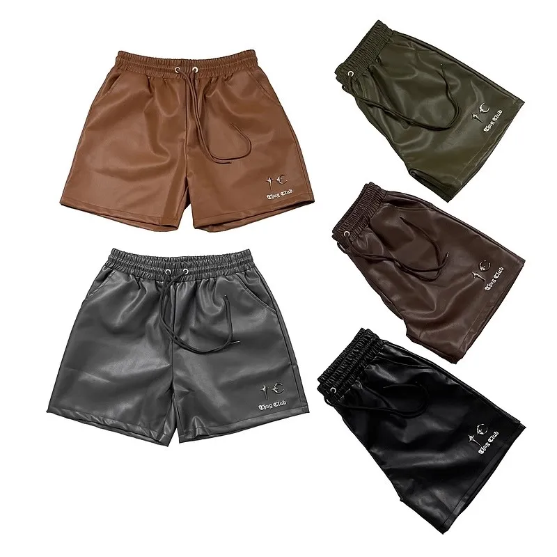 2024 Thug Club Street Summer Leisure Star Moon Metal Retro PU Leather Drawstring Shorts DK1054