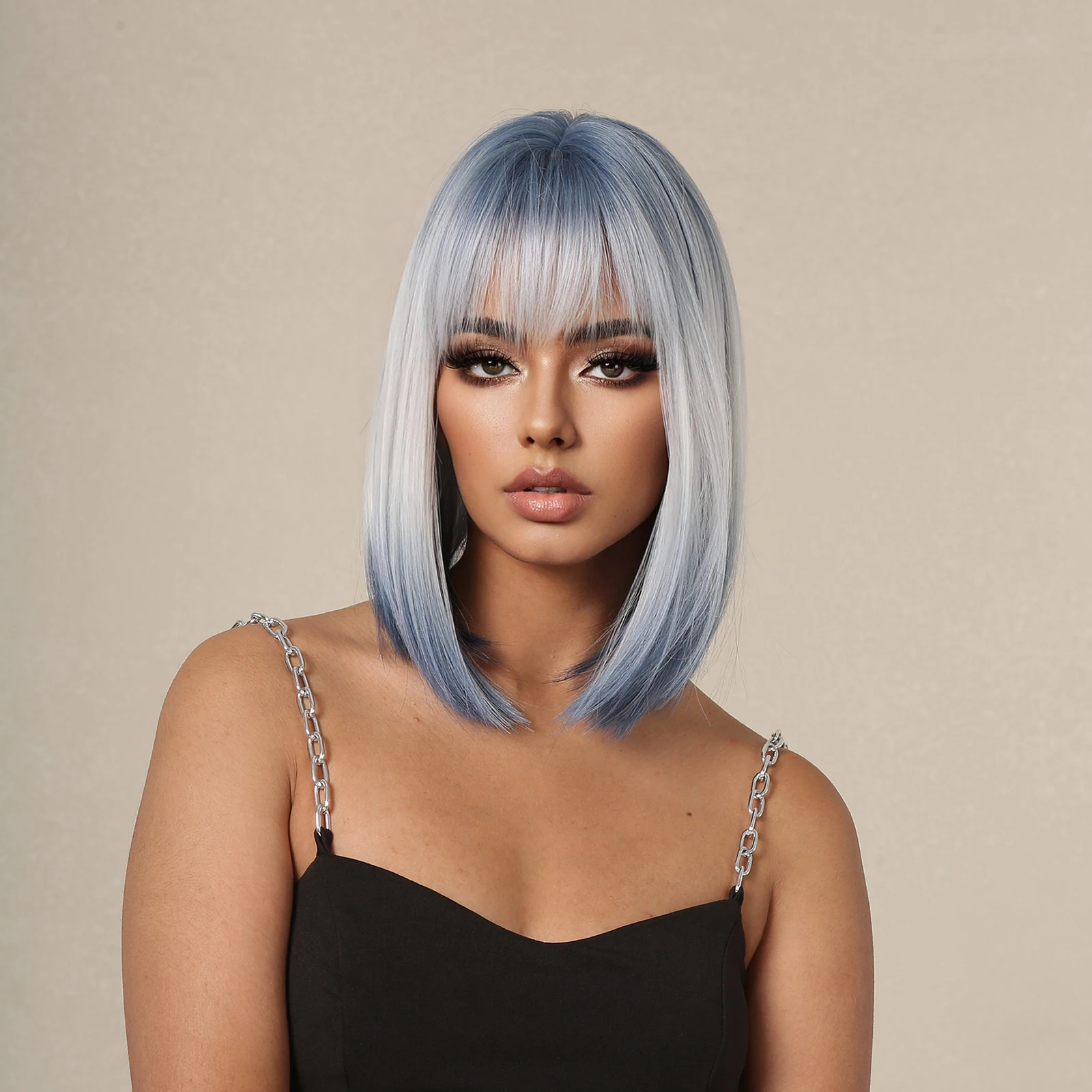 Short BOB Wigs with Bangs Ombre Blue Gray Wigs Straight Synthetic Wigs for Women Cosplay Party Daily