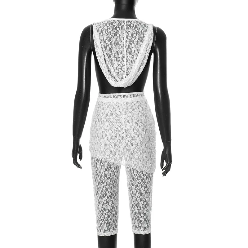 Elegant Kant Doorzichtig 2-delige set Halter met capuchon Swingkraag Grote rugloze tops Rok en broek Set Feest Clubwear 2025 Zomer