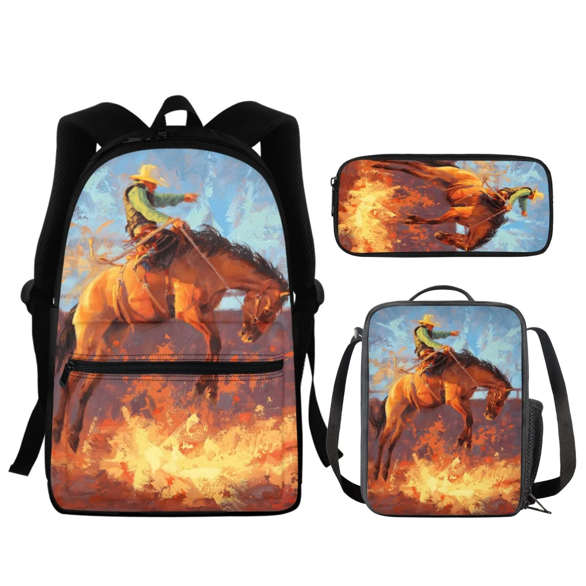 FORUDESIGNS Color Oil Painting Horse 3Pcs/Set Schoolbags Pencil Case School Supplies One Shoulder Fashionable Meal Bags Water