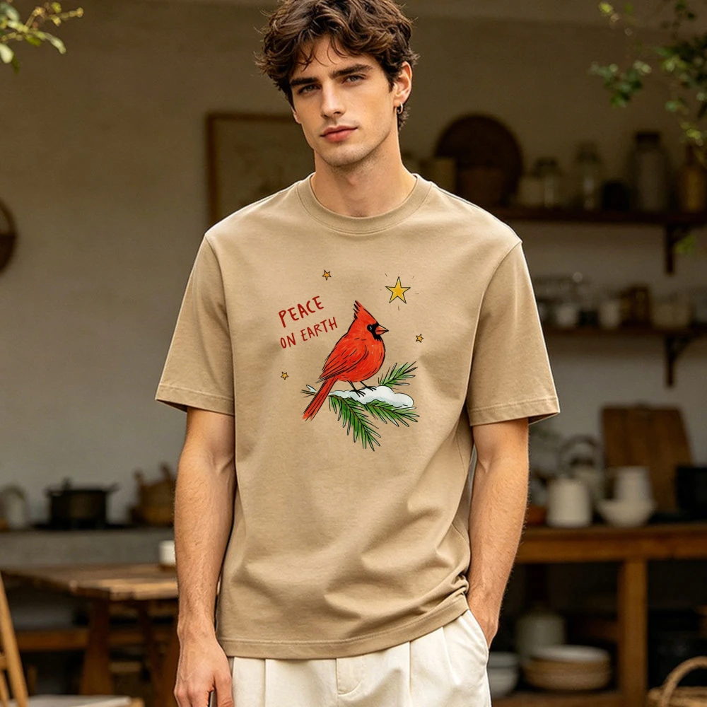 Peace On Earth Winter Cardinal Pine Star Summer Men Cotton T-Shirt Cute Cartoon Red Bird Xmas Minimal Short Sleeve Wear