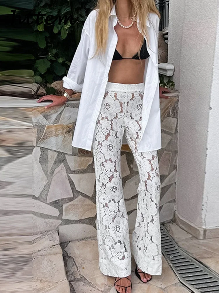

Sexy Lace Hollow Out Pants Women See Through High Waist Wide Legs Female Trousers 2025 Spring Summer Lady Street All-match Pant