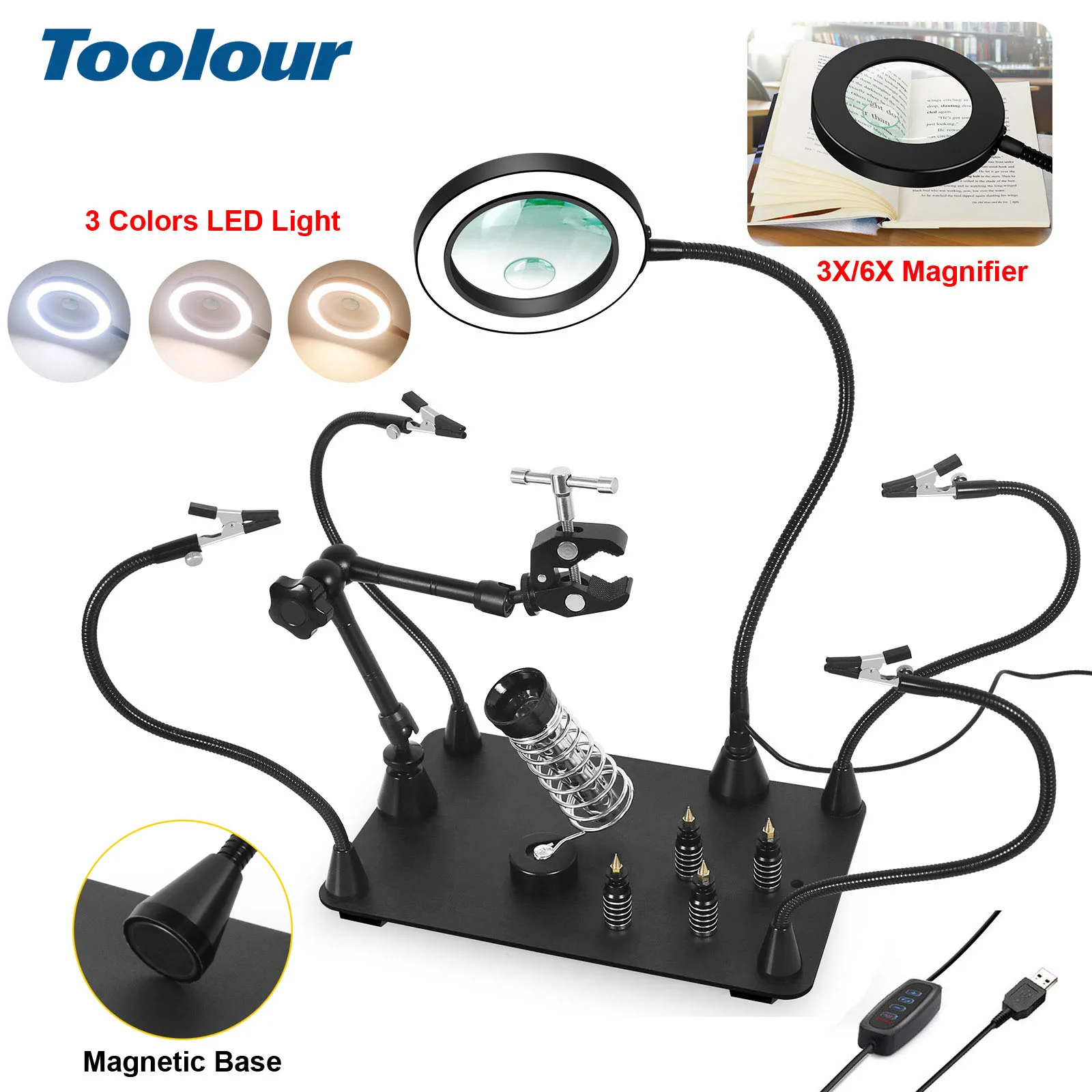 Toolour Helping Hands 3X 6X Soldering Magnifying Glass Soldering Station with 4 Magnetic Flexible Metal Arms PCB Repair Tool