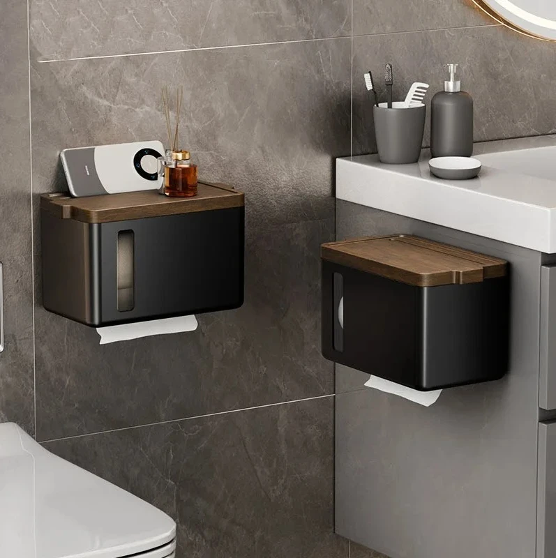 

Solid wood toilet paper box hand towel box bathroom restroom wall-mounted paper towel holder waterproof roll drawer