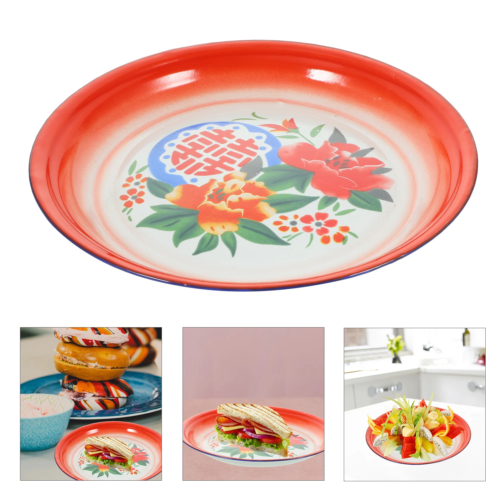 

Round Shallow Bowls Vintage Enamel Plate Fruit Tray Multifunctional Salad Fettuccine Pasta