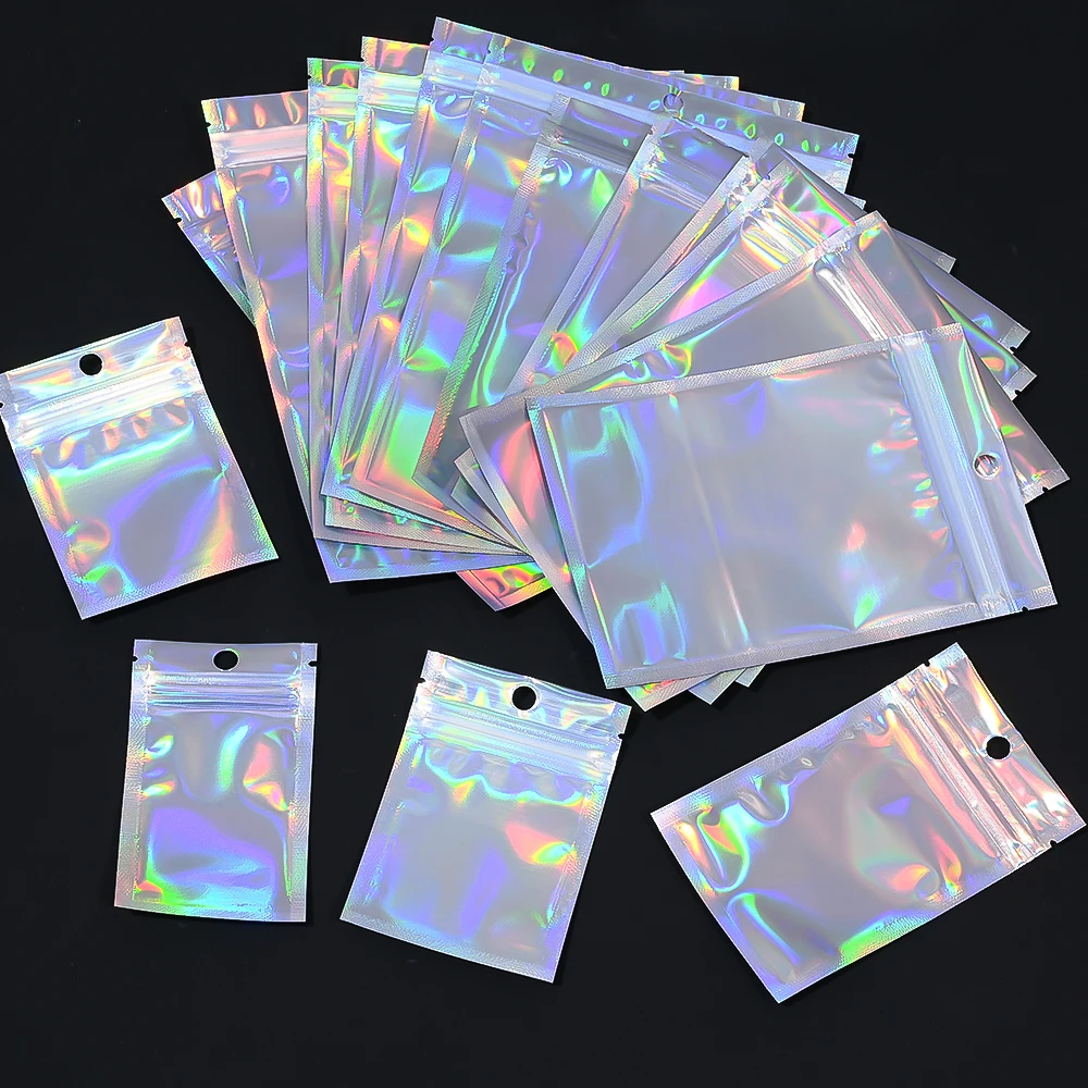 100 Stück Laser-Regenbogen-Polyethylen-Selbstverschlussbeutel, transparente Laser-Verpackungsbeutel für Schmuckzubehör und Einzelhandelsdisplays – Detail 1