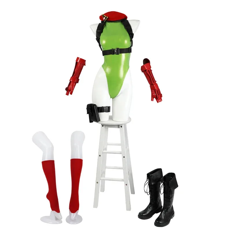 Super Cammy Cosplay Costume Street Fighter V 6 5 Sexy Green Bodysuit Leather Latex White Halloween Wig ob;8