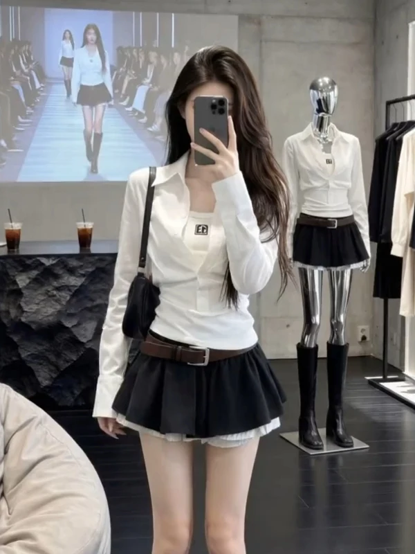 

Комплект из рубашки с длинным рукавом и юбки-миди с высокой талией для женщин: модный пэчворк с отложным воротником, идеально для ранней весны.