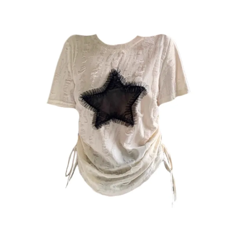 

Star Patchwork Loose T-shirts Casual O Neck Drawstring Chic Fashion Tops Women Short Sleeve Sexy Vintage Roupas Femininas