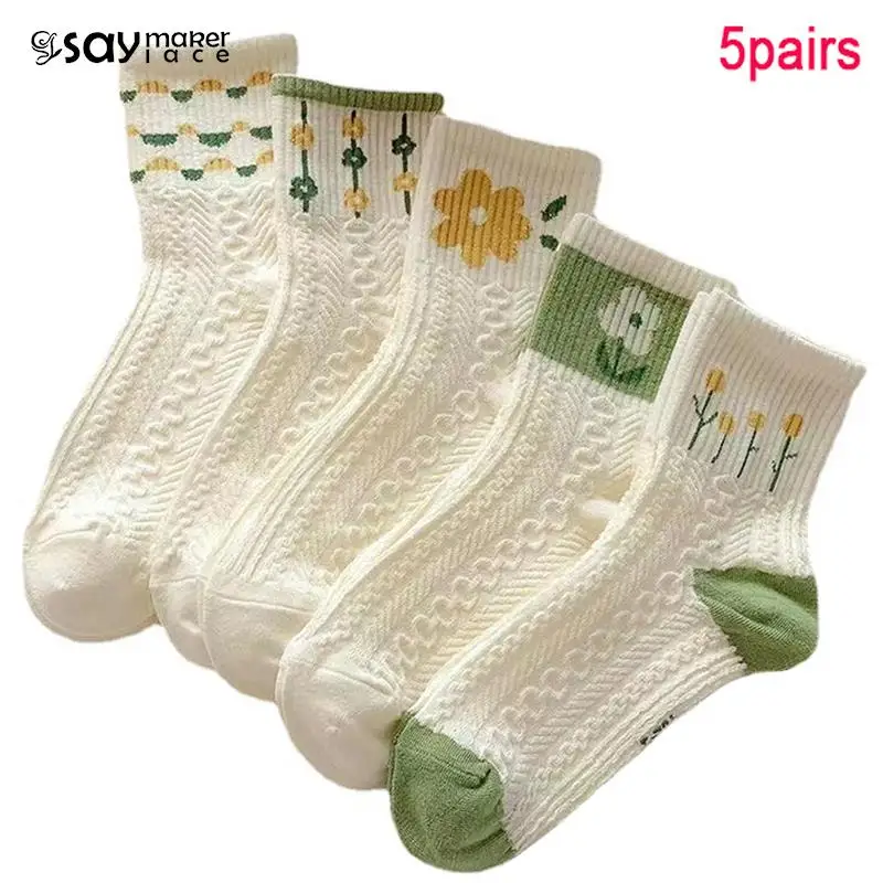 5pairs Short-tube Sweat-absorbing Deodorant Cotton Socks Women Short-tube Fresh Small Flower Japanese White Socks