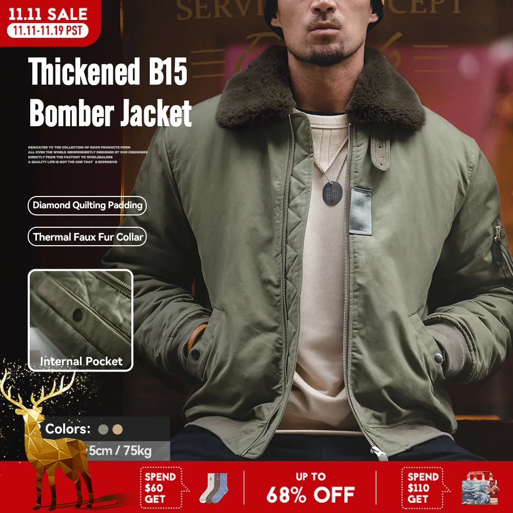 

Maden Мужская ретро куртка бомбардировщика B15 Имитация кроличьего меха воротник Знаковый карман на рукаве Теплая ветрозащитная зимняя куртка-пальто с утеплителем