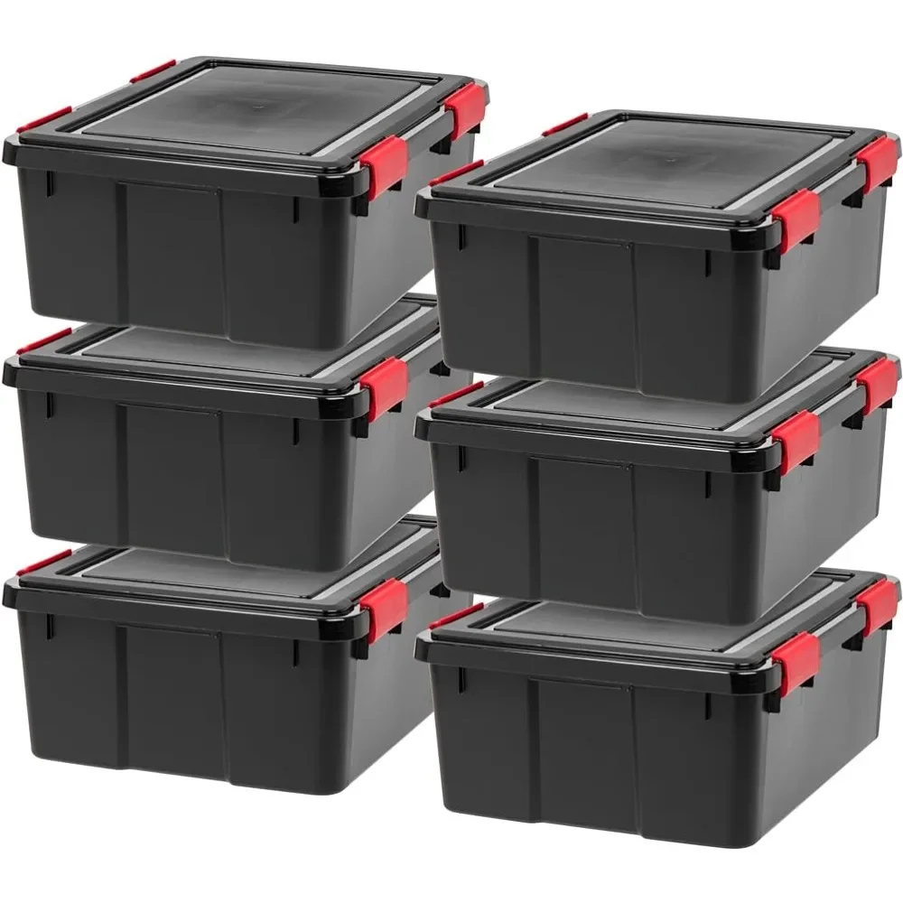 

USA 30.6qt WEATHERPRO Bin Tote Organizing Container with Durable Lid and Seal and Secure Latching Buckles, 6 Pack